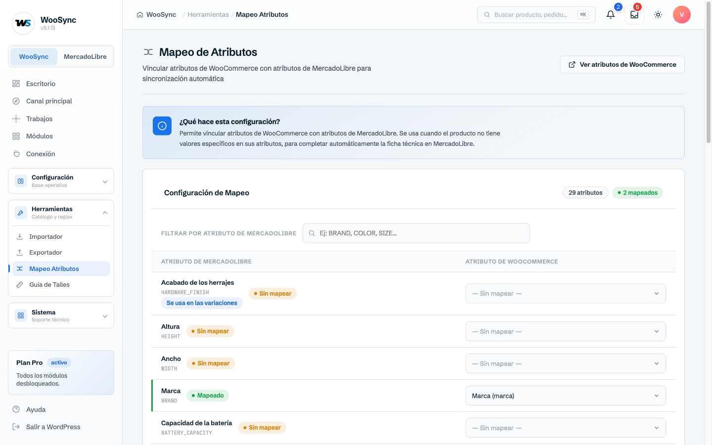 El mapeo de atributos completa la ficha técnica con los datos de tu tienda