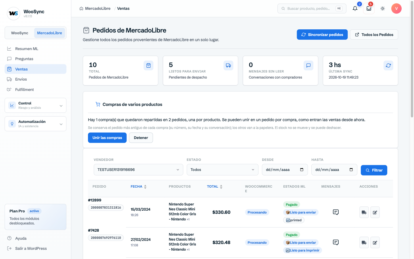 Pedidos de Mercado Libre dentro de WooCommerce, con el estado del pago y del envío (plan Pro)