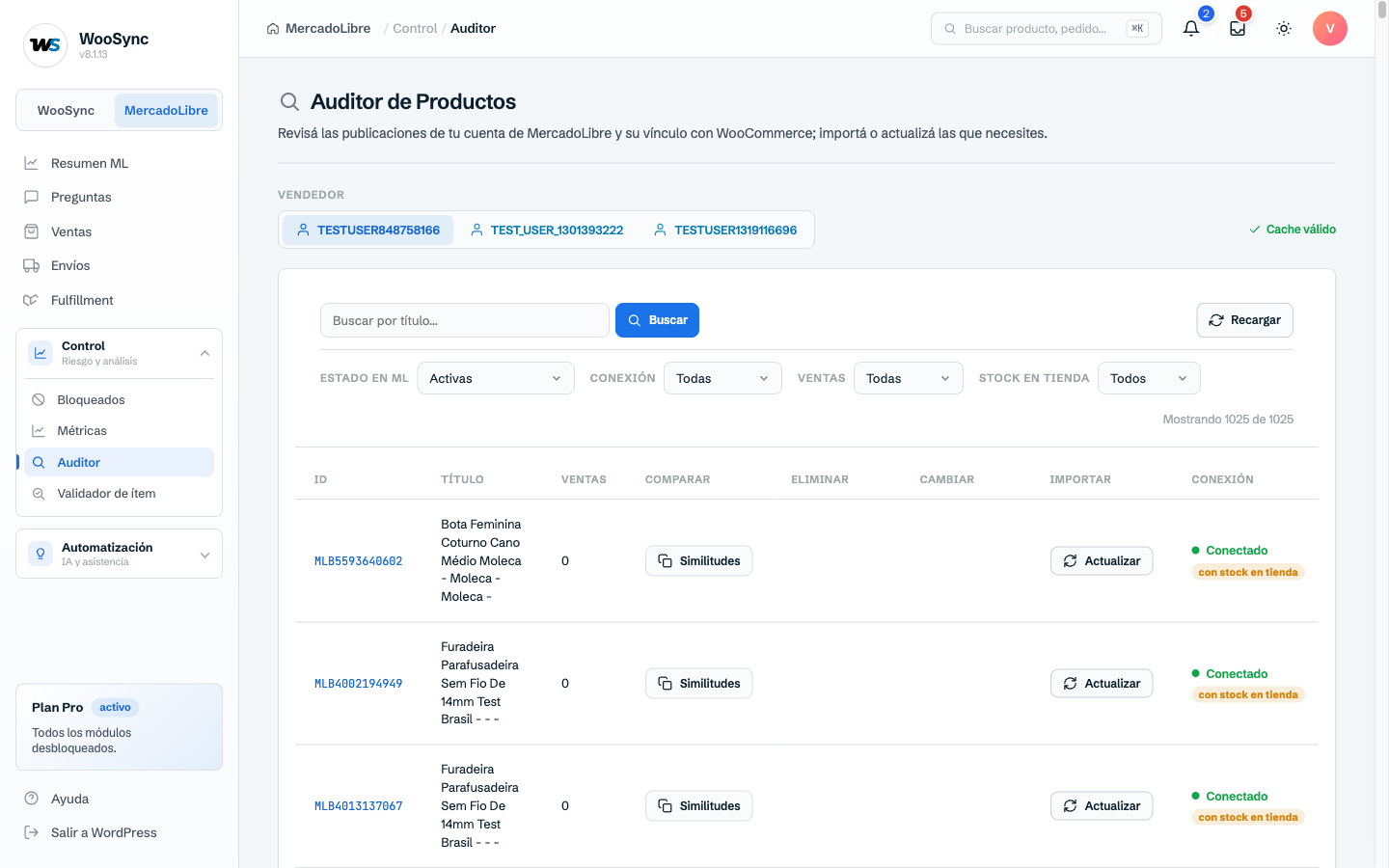 Auditor de productos (plan Pro): qué publicaciones están conectadas con la tienda