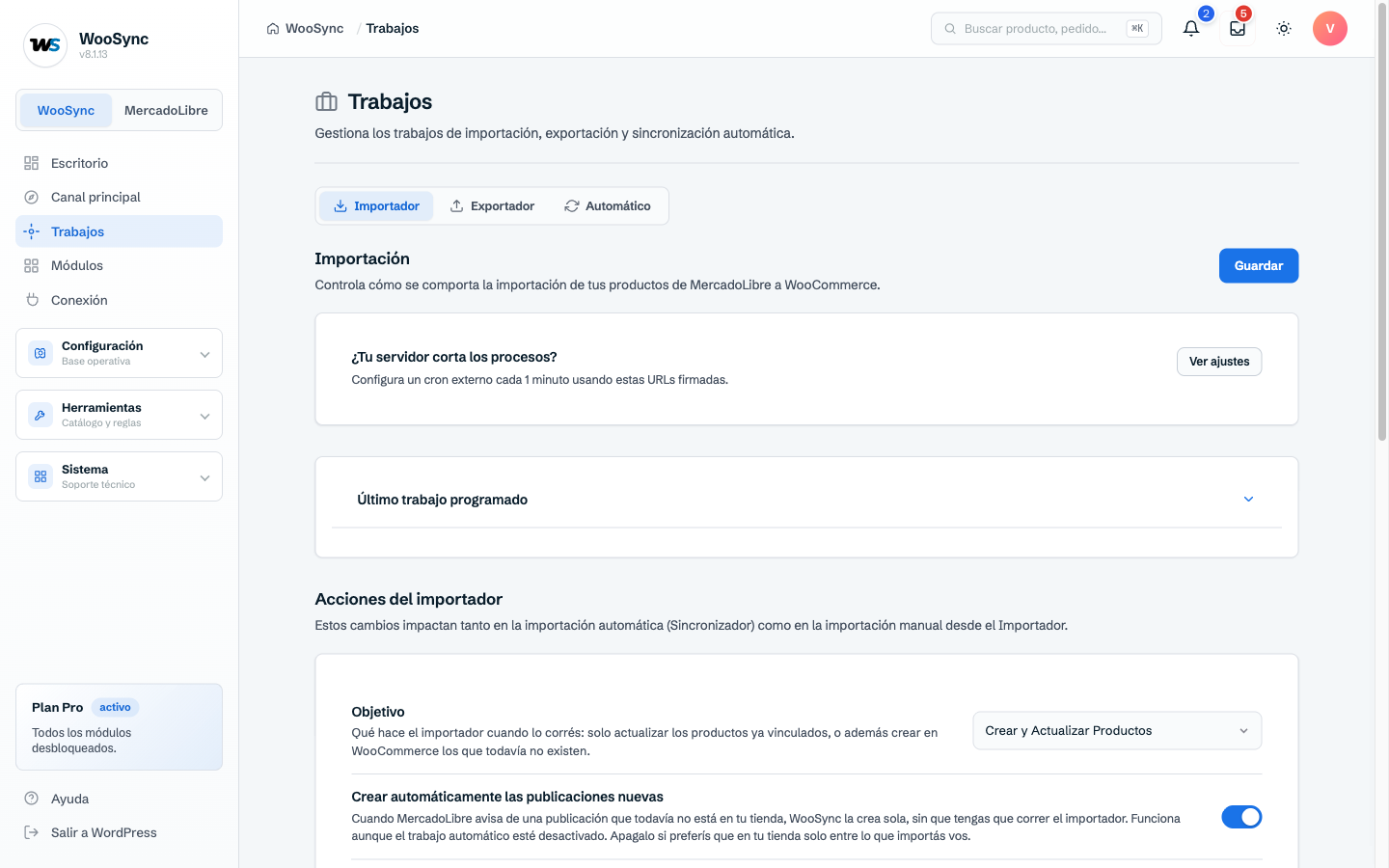 Ajustes del importador en Trabajos: qué hace y si crea productos nuevos solo