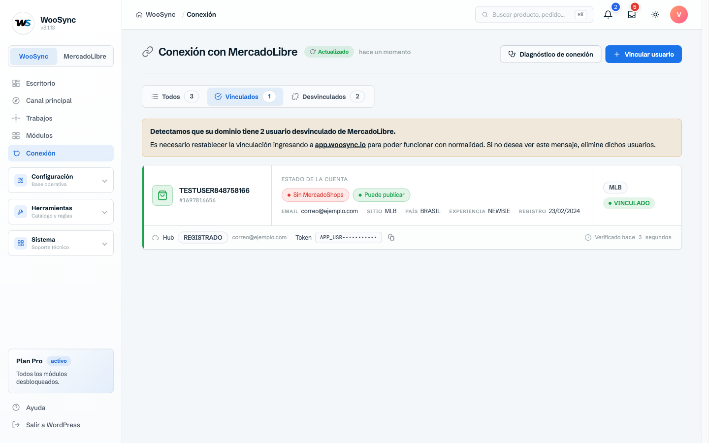 La pantalla Conexión con la cuenta de Mercado Libre vinculada