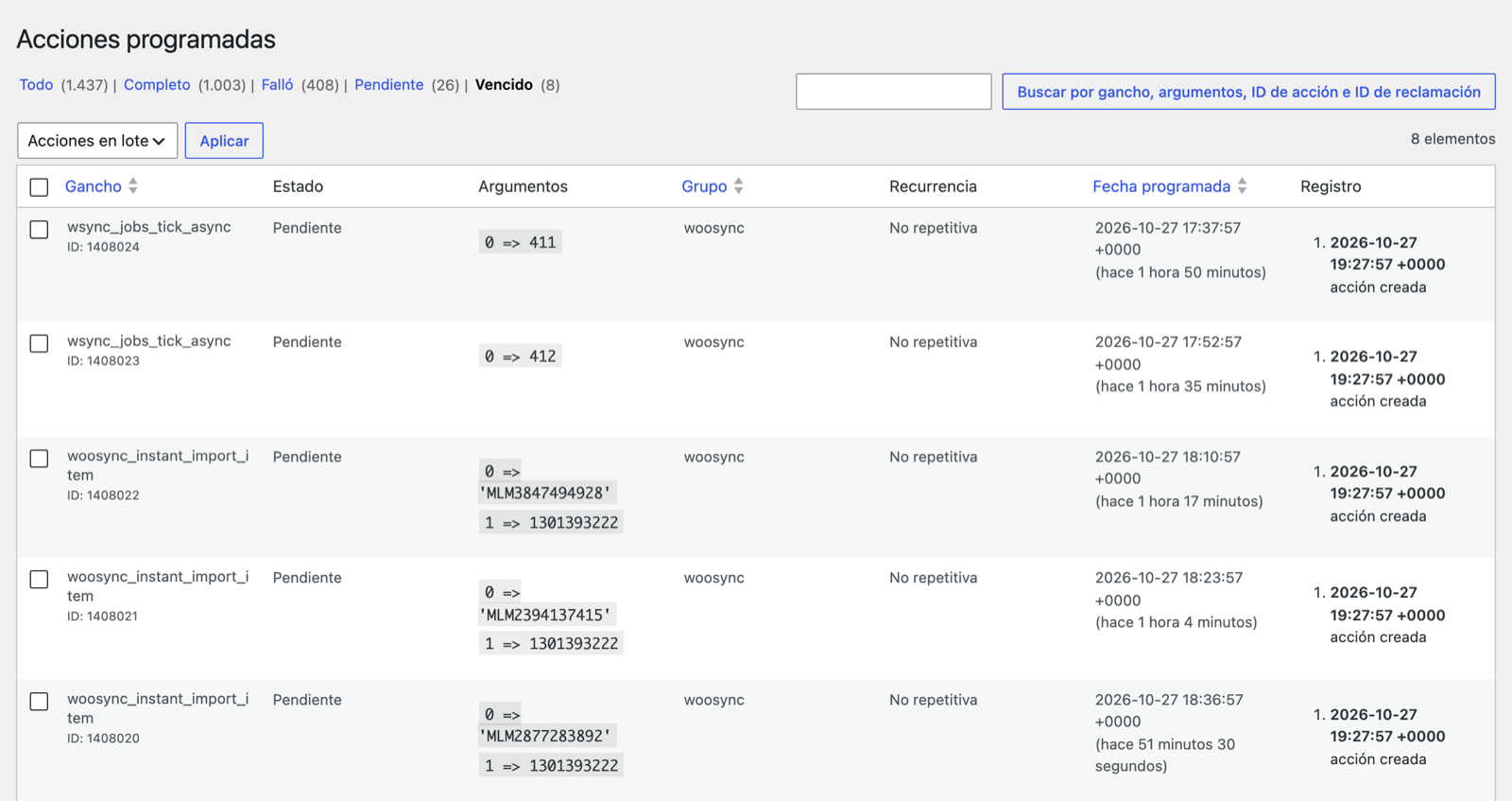 Acciones programadas vencidas de WooSync acumuladas por el cron apagado