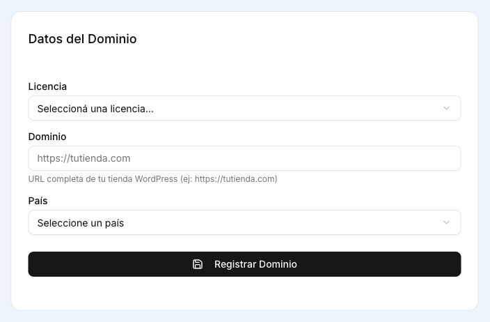 Formulario «Datos del Dominio» para volver a registrar tu tienda en WooSync