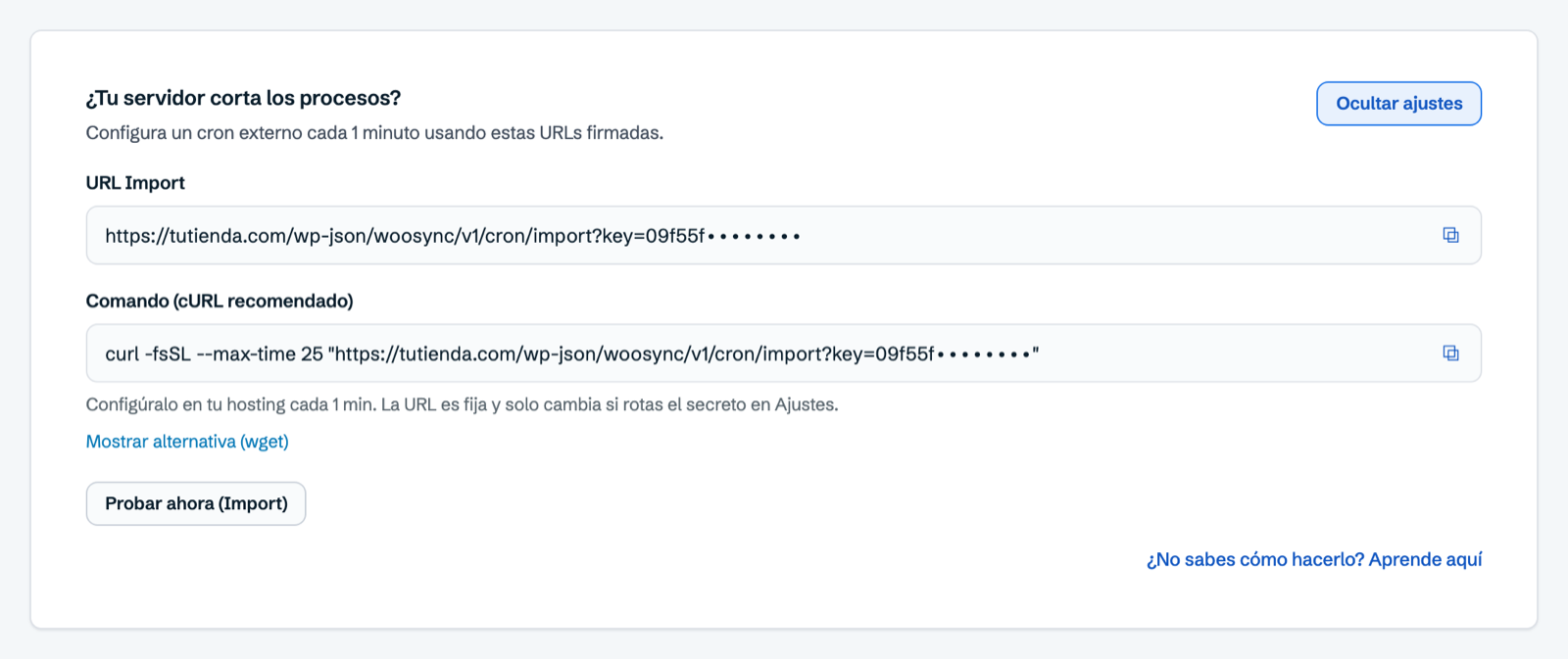 Aviso de Trabajos con URL firmada y comando cURL para cron externo