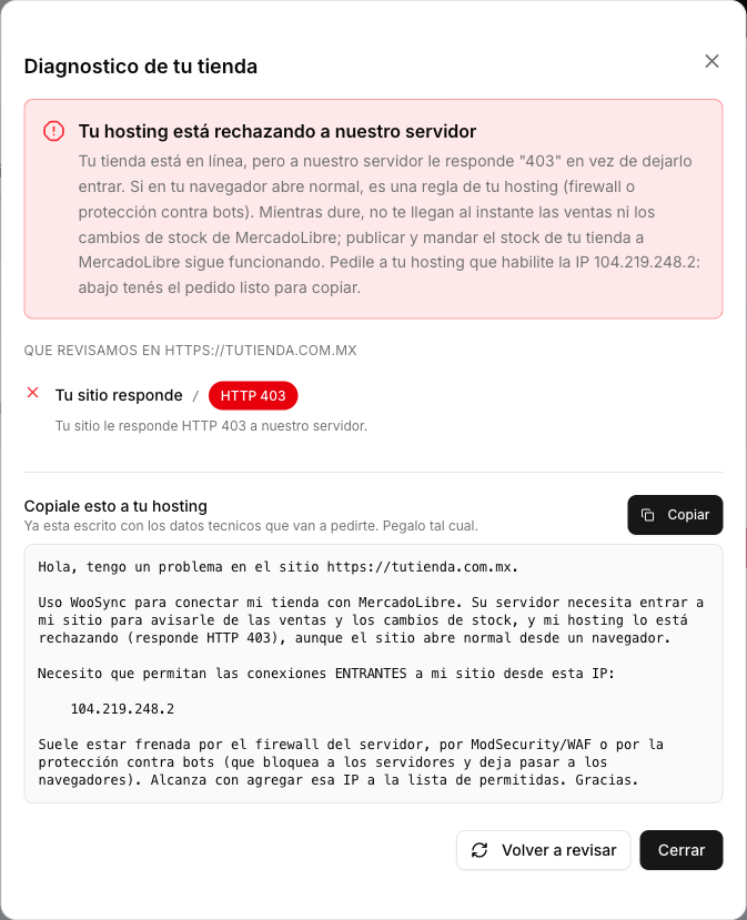 Diagnóstico de WooSync: hosting rechaza con 403 y pedido para copiar