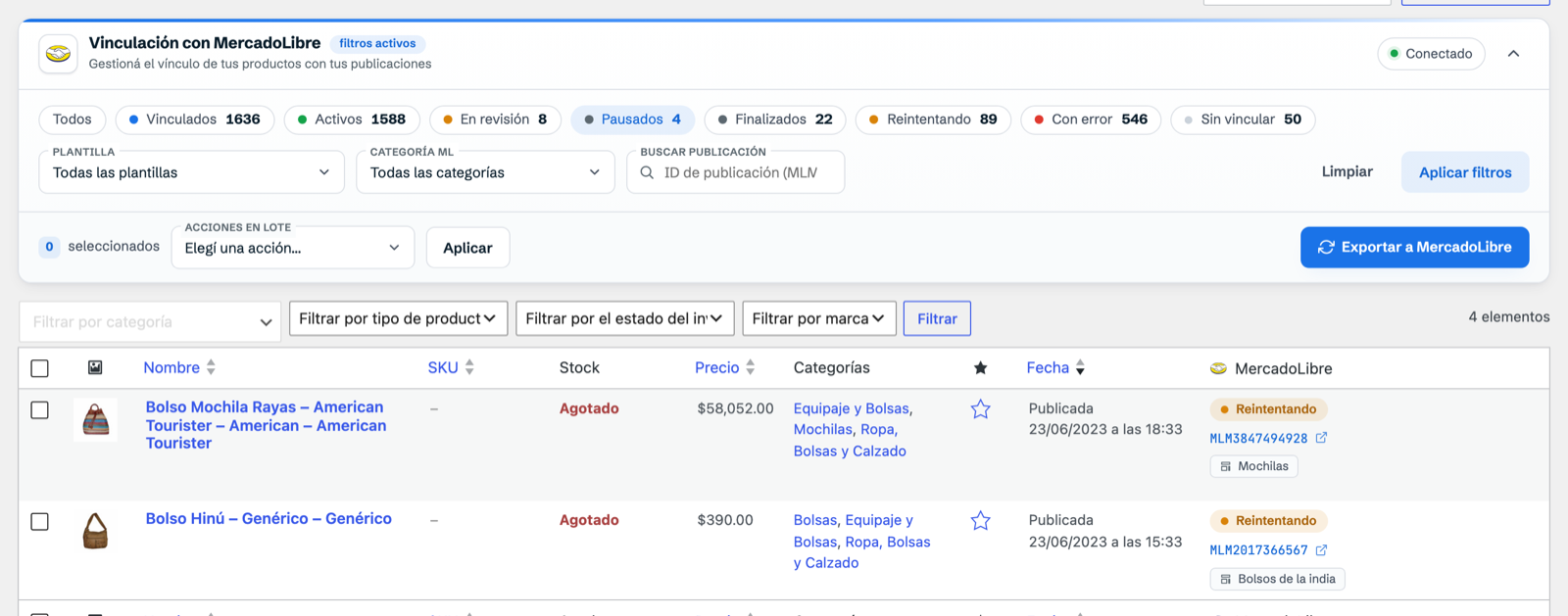 Productos pausados en MercadoLibre filtrados con la píldora «Pausados», agotados en la tienda