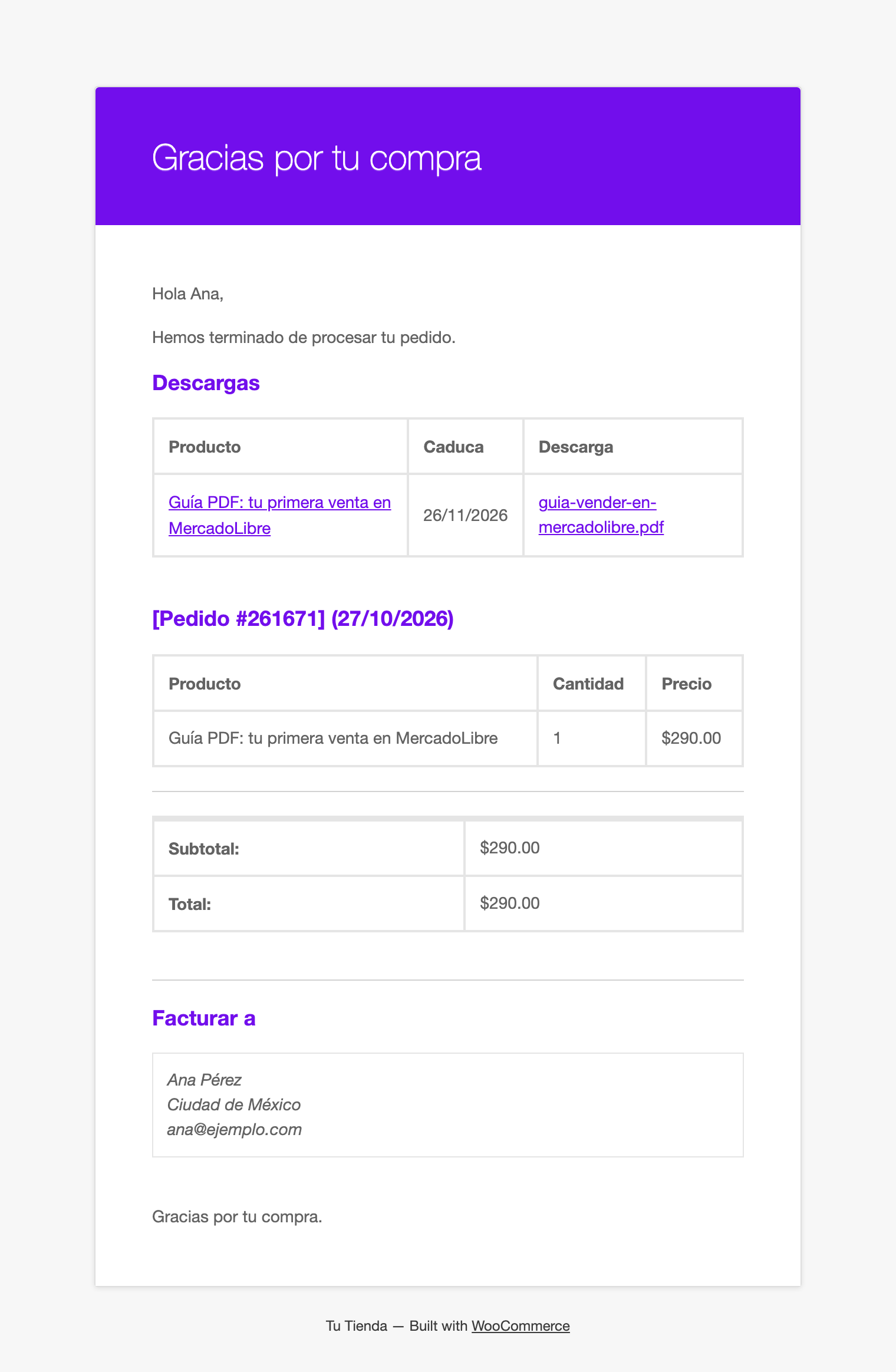 Email de pedido completado con el enlace de descarga para el comprador