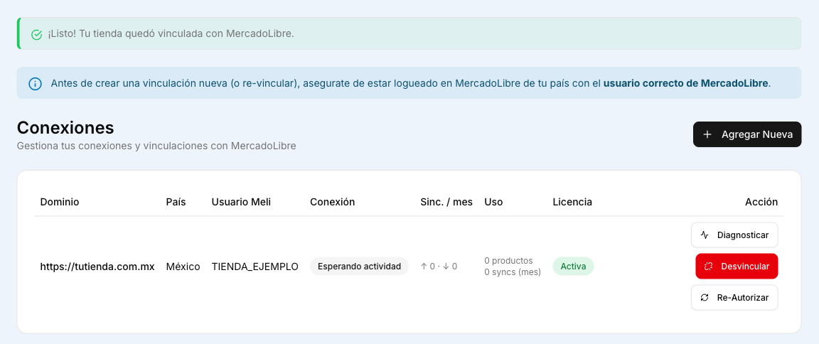 Conexiones en app.woosync.io: tienda vinculada nuevamente con MercadoLibre