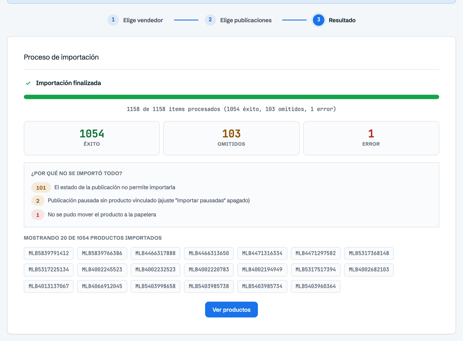 Resultado del Importador: publicaciones importadas, omitidas y con error