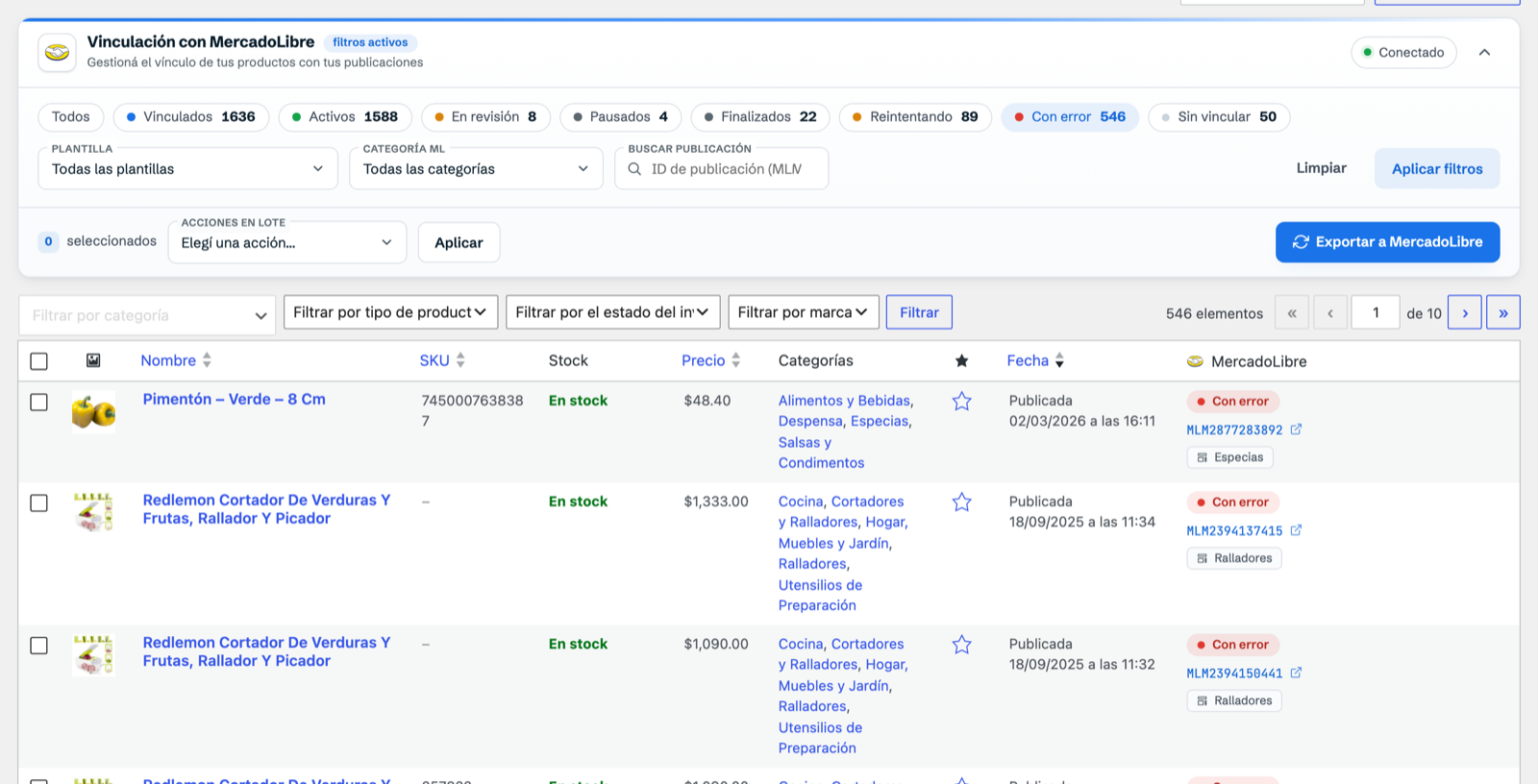 Productos de WooCommerce filtrados con la píldora «Con error» de WooSync