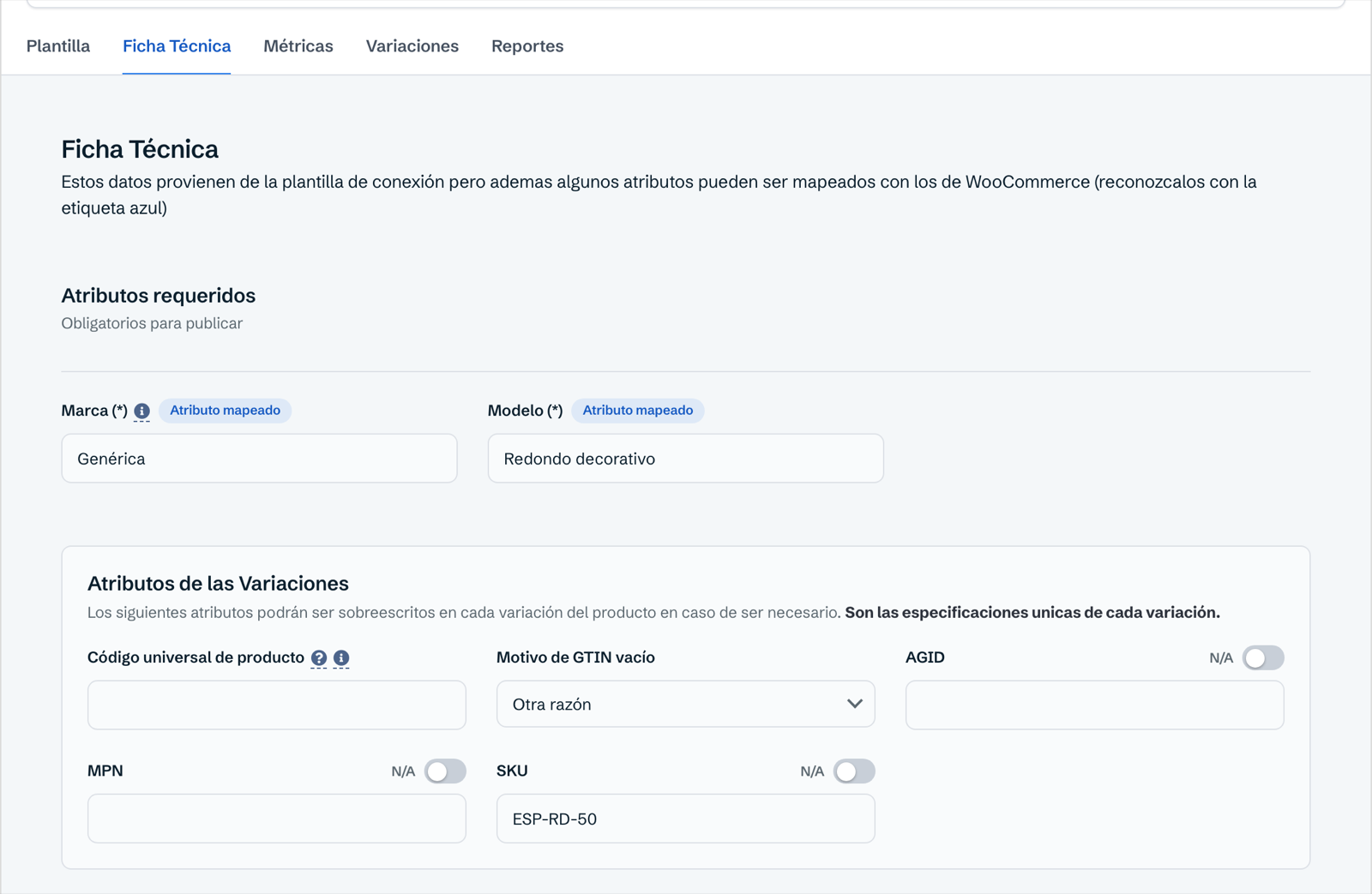 Ficha técnica con Marca, Modelo y Código universal por variación