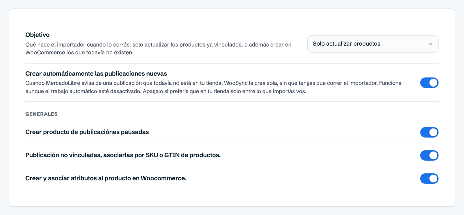 Importador en modo «Solo actualizar productos» con vinculación por SKU o GTIN