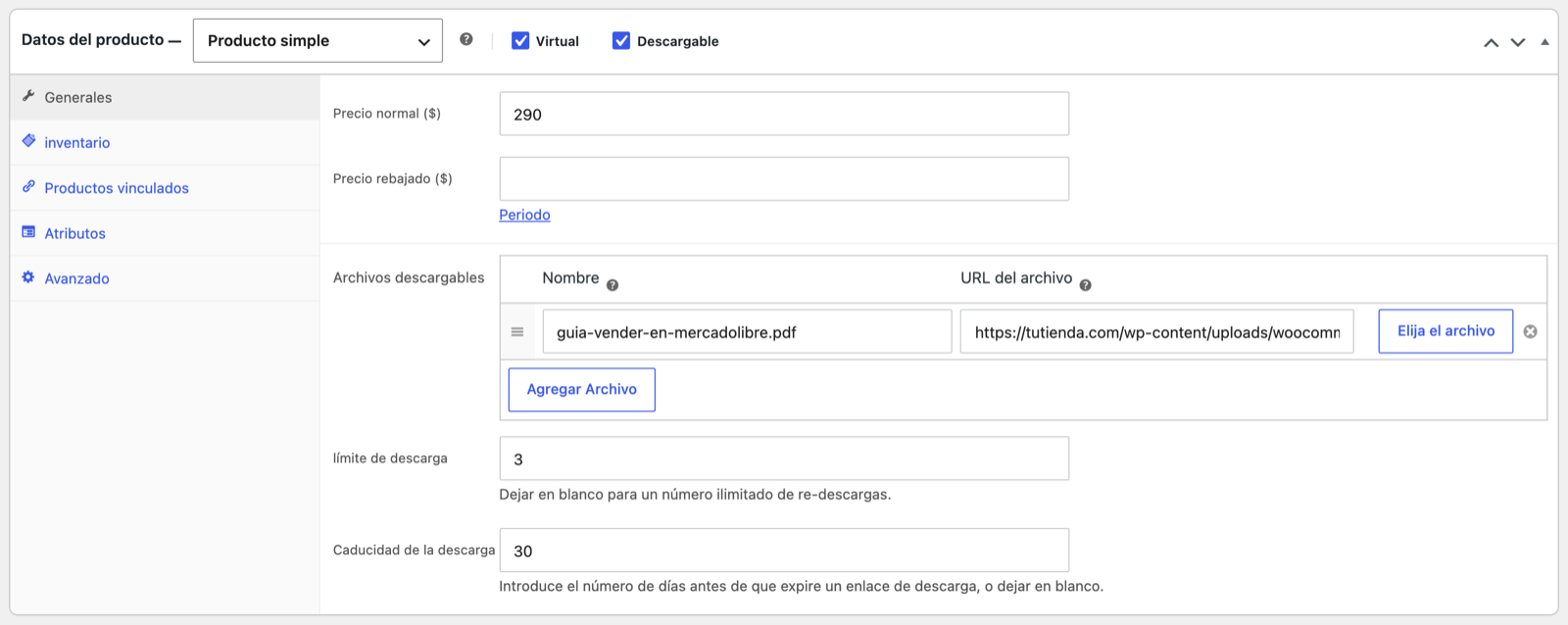 Producto virtual y descargable con archivo, límite de descargas y caducidad