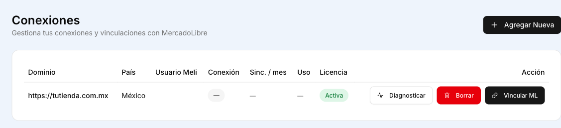 Conexiones en WooSync: tienda registrada lista para «Vincular ML»