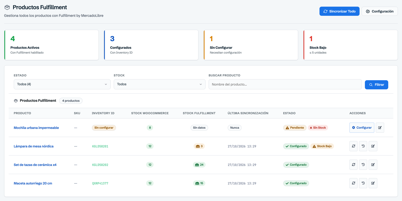 Módulo Fulfillment de WooSync: indicadores, Inventory ID y stock FULL
