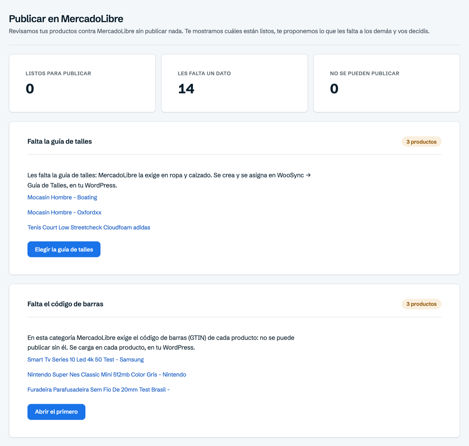 Publicar en ML: productos listos y faltantes agrupados por motivo