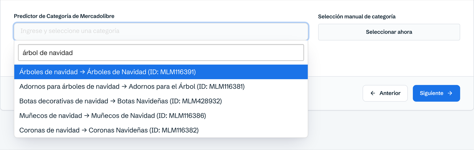 Predictor de categoría sugiriendo opciones para «árbol de navidad» en MercadoLibre México