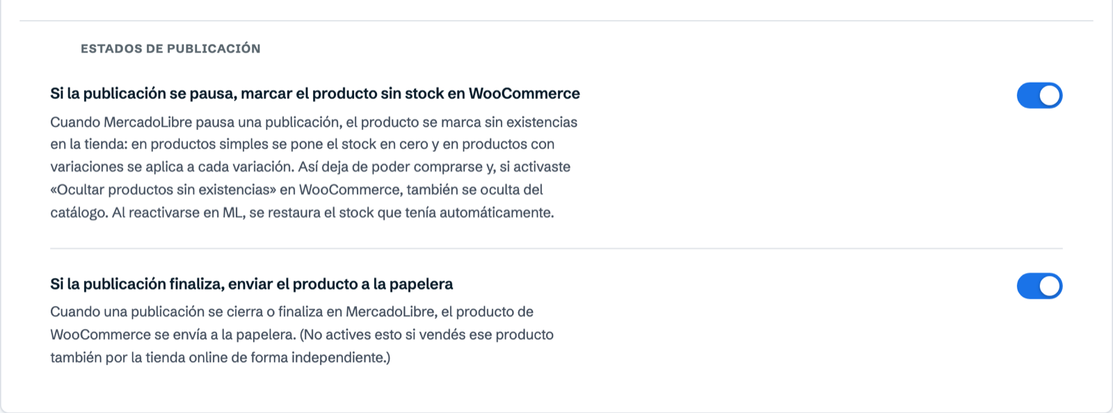 Reglas de publicación pausada y finalizada en el Sincronizador de WooSync