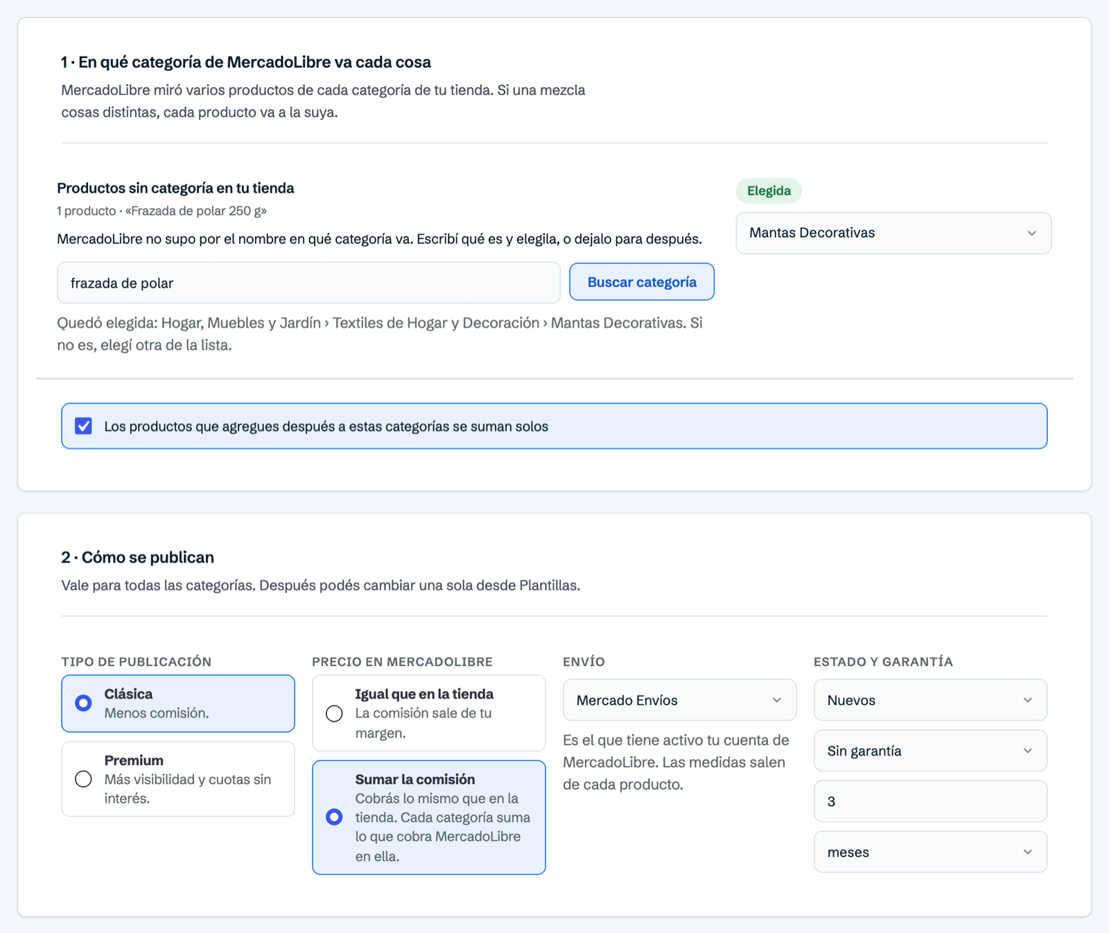 Configurar con IA: categoría de Mercado Libre propuesta y condiciones de publicación